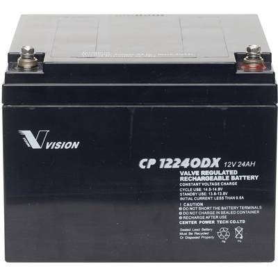 Černý dobíjecí olověný gelový akumulátorový blok s nápisem 'Vision CP12240DX 12V 24AH', ideální pro nouzové napájení.