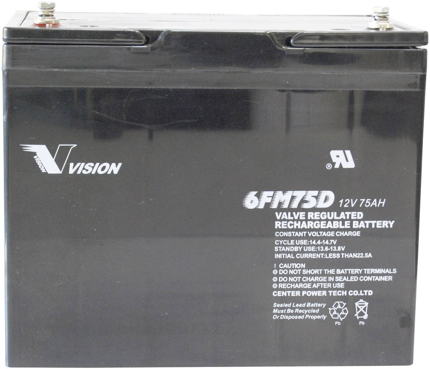 Vision Akkus 6FM75DX olověný akumulátor 12 V 75 Ah olověný se skelným rounem (š x v x h) 258 x 215 x 166 mm šroubované M