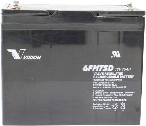 Vision Akkus 6FM75DX olověný akumulátor 12 V 75 Ah olověný se skelným rounem (š x v x h) 258 x 215 x 166 mm šroubované M6 bezúdržbové, odolné proti více cyklům