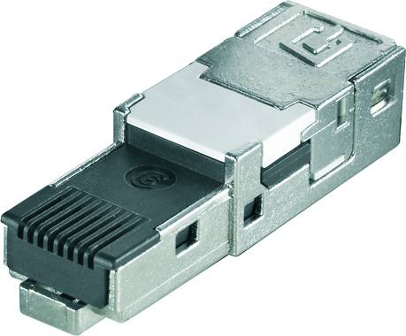 Stříbrný konektor RJ45, často používaný pro síťová připojení, s černým gumovým stíněním.