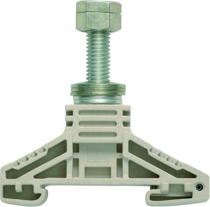 Výškově nastavitelná plastová noha s kovovým šroubem a maticí, používaná ke stabilizaci a vyrovnání předmětů.