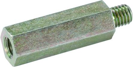 Šestihranný distanční šroub s jedním závitovým koncem a závitovým otvorem. Vyroben z kovu, v typické stříbrné barvě.