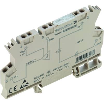 Šedý Weidmüller modul s popisy připojení: VCC, QND, Výstup, Vstup a +24V. Číslo modelu 832461.