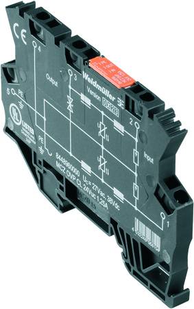 Elektronický modul s obvodovým schématem a technickými specifikacemi na přední straně, včetně údajů o napětí a loga výrobce.