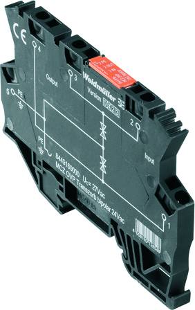 Ochranný modul přepětí Weidmüller v černém pouzdře, s elektrickým schématem na přední straně, vhodný pro aplikace 24V AC/DC.