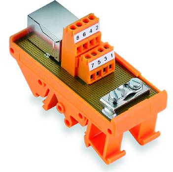 Elektrotechnická součástka s oranžovým pouzdrem, svorkami a označením: '8642' a '7531'. Slouží k propojení v elektrických obvodech.
