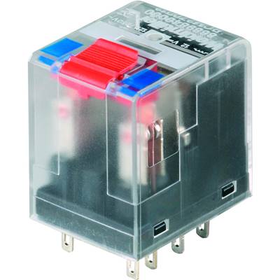 Průhledné elektromagnetické relé s červeným přepínačem nahoře a několika připojovacími kolíky na spodní straně.