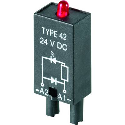 Černá elektrická součástka s nápisem 'TYPE 42 24 V DC', zobrazující zjednodušené schéma zapojení s LED indikátorem a dvěma svorkami.