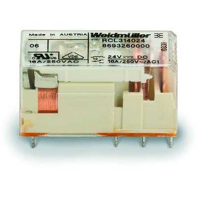 Relé značky Weidmüller, model RCL314024, vhodný pro 16A/250VAC, s cívkou 24V DC. Země původu: Rakousko.