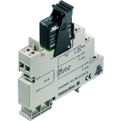 Elektrické relé s černým přepínačem na montážní konzoli. Na základně vytištěné technické detaily a loga.