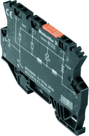 Elektronická komponenta s elektrickým schématem na pouzdře, zobrazující vstupy a výstupy včetně specifikací napětí.
