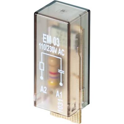 Průhledné relé s označením 'EM 03 110/230V AC', viditelná je cívka a odpor.
