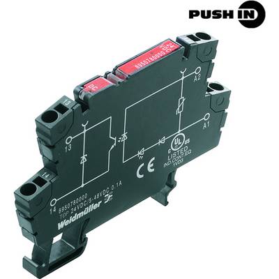 Elektrické relé s technologií push-in, černé pouzdro, červené prvky, firemní logo 'Weidmüller', elektrická schémata zapojení.