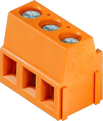 Oranžový konektor s třemi horními kovovými kontakty a třemi dolními připojovacími otvory, vhodný pro elektrické spoje.