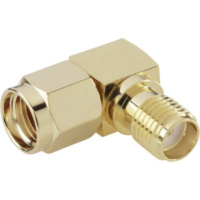 Zlatý pravoúhlý adaptér se dvěma různými typy připojení, vhodný pro technická propojení nebo instalace.