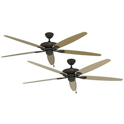 Dva stropní ventilátory s pěti dřevěnými listy. Ventilátory jsou hnědé a mají klasický vzhled. Ideální pro velké prostory.