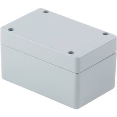 Obdélníkový šedý kryt se čtyřmi montážními otvory v rozích. Vhodný pro elektrické nebo elektronické komponenty.