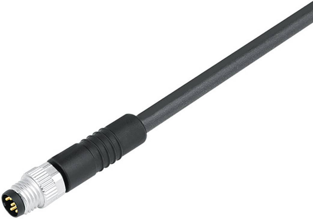 Černý kabel s stříbrným válcovitým konektorem zobrazujícím tři kolíky. Vhodný pro průmyslové připojení.