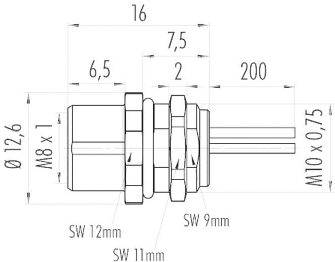 Technický výkres konektoru: délka 16 mm, průměr 12,6 mm; závit M8x1. Klíč 12 mm a 9 mm. Kabel 200 mm, M10x0,75.