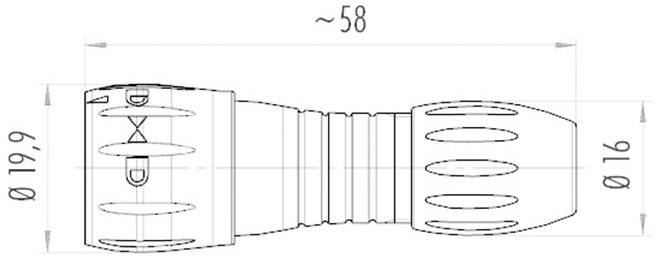 Technický výkres válcovité součástky s rozměry: délka přibližně 58 mm, průměr 19,9 mm a 16 mm na koncích.