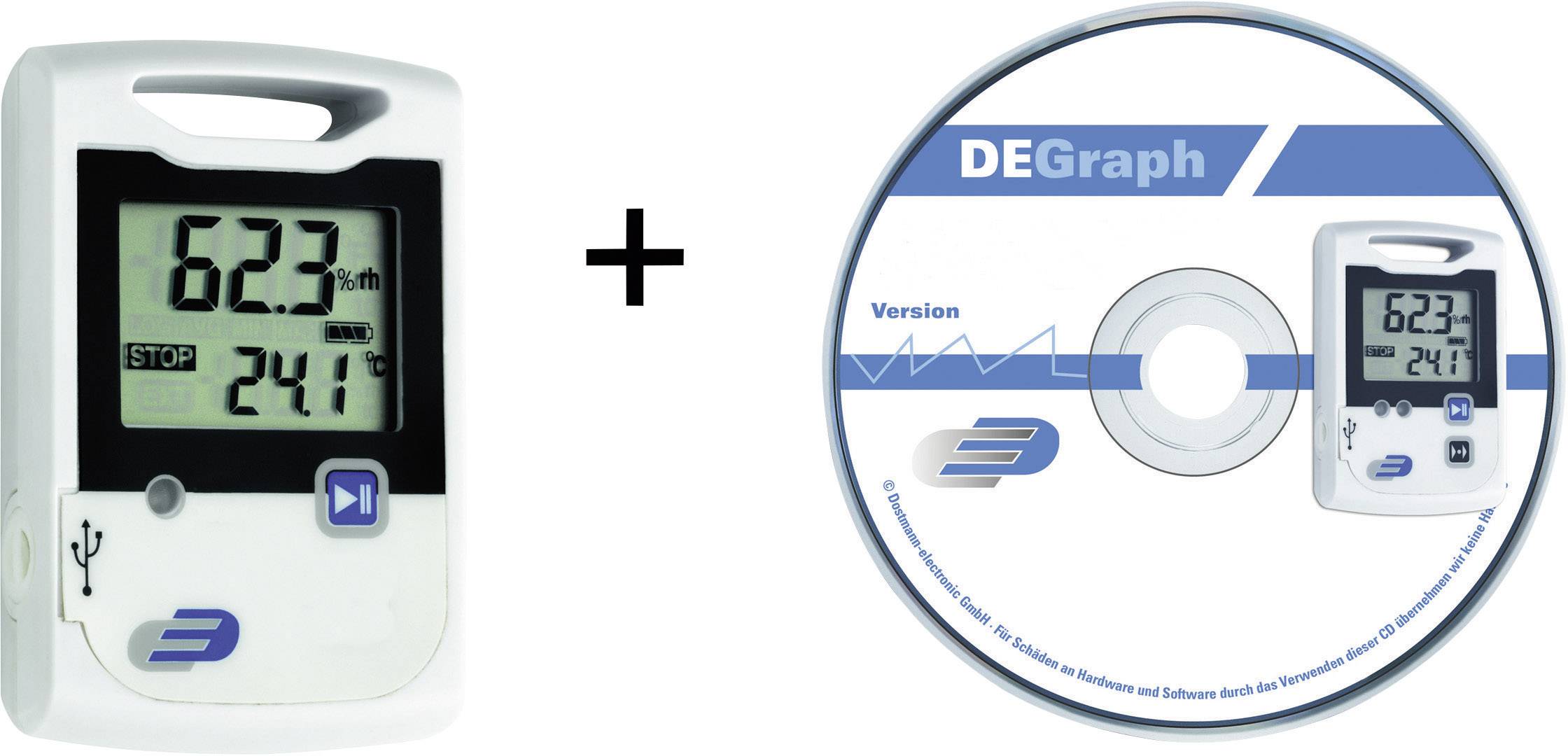 "Elektronický měřicí přístroj s displejem zobrazujícím '6,23m' a '24,1°C' vedle CD se softwarem 'DEGraph' pro analýzu dat."<br><br>Note: I adjusted the decimal separator from a period to a comma, which is standard in Czech notation for decimal numbers.