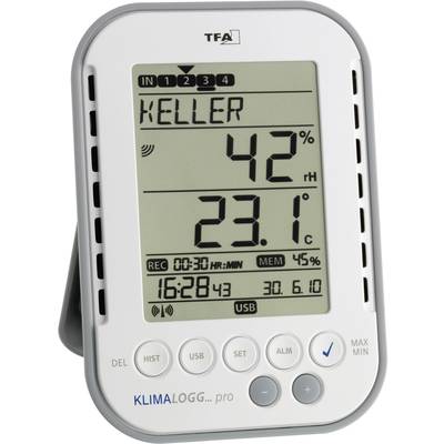 Digitální termo-hygrometr s displejem 'KELLER', ukazuje vlhkost vzduchu 42 % a teplotu 23,1 °C. Obsahuje čas a datum.
