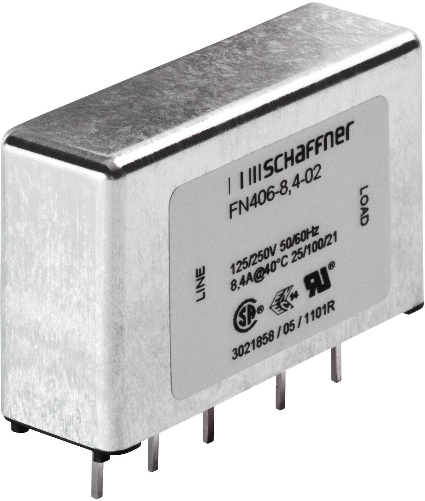 Kovový kryt s vícepólovým připojením zobrazuje elektromagnetický filtr značky 'Schaffner', vhodný pro 125/250V při 50/60Hz.