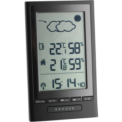 Černý digitální meteorologický monitor: ukazuje 22°C s 58% vlhkostí vzduchu, symbol mraků, teplota v místnosti 21°C, aktuální čas 15:14.