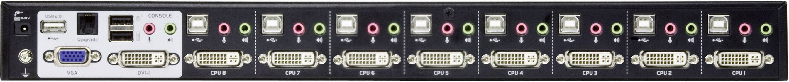 Zadní strana KVM přepínače s několika DVI a USB porty, vstupními a výstupními audio konektory.