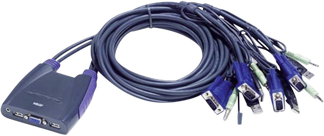 Víceportový KVM přepínač s VGA a USB kabely, ideální pro připojení několika počítačů k jedinému monitoru a klávesnici.