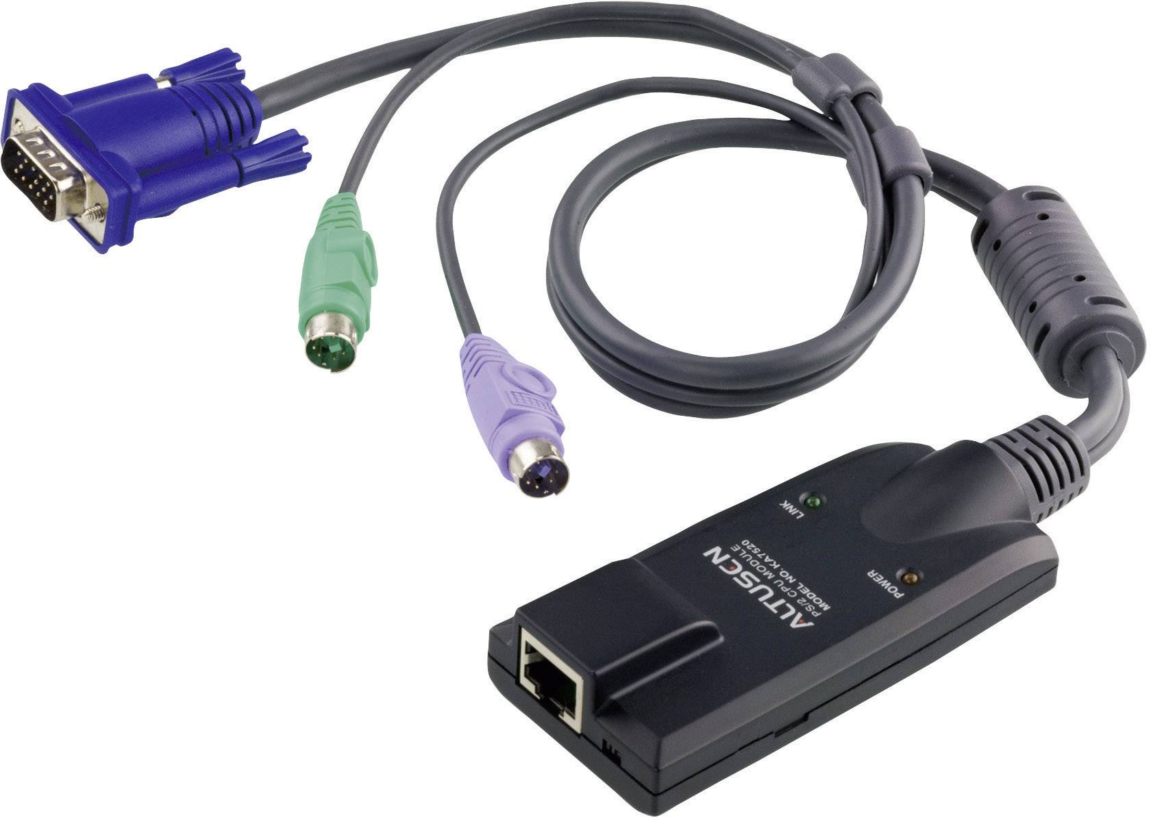 Adaptační kabel VGA s konektory PS/2 a ethernetovým portem pro propojení počítačů s různými typy portů.