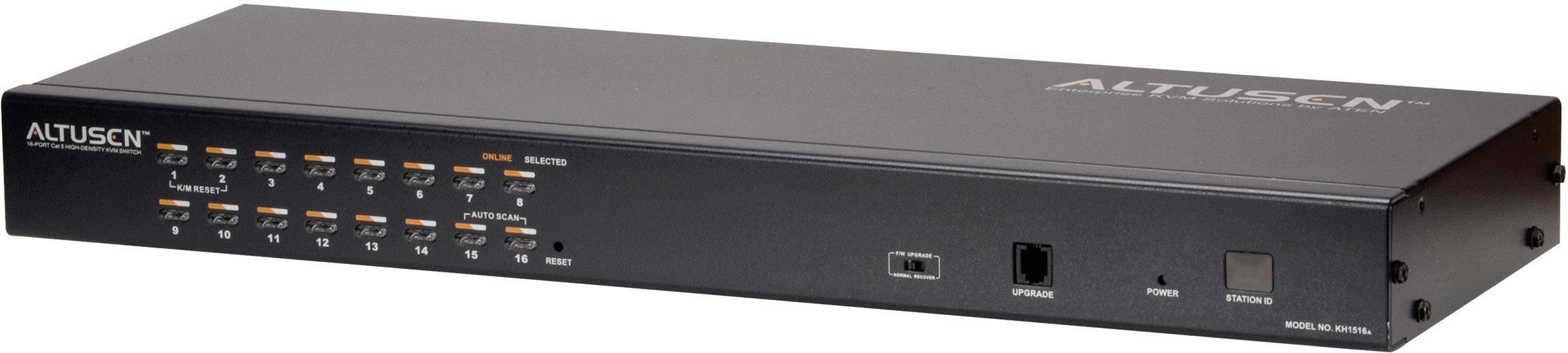 Černá síťová přepínací skříňka s několika ethernetovými porty, USB a síťovým připojením. Potisk: 'ALTUSEN'. Hlavní zařízení v IT sítích.