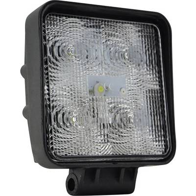 Černý LED reflektor v rámečku, čtvercového tvaru se čtyřmi svítícími LED diodami uvnitř a reflexní texturou.