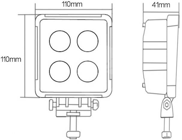 Technický výkres čtvercového LED reflektoru se čtyřmi kulatými čočkami. Rozměry: 110 mm šířka/výška, 41 mm hloubka.