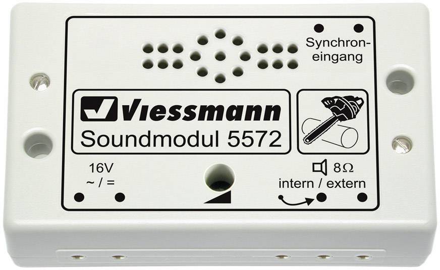 Bílý Viessmann zvukový modul 5572 s detaily připojení, vstupem a výstupem reproduktoru a synchronizačním vstupem.