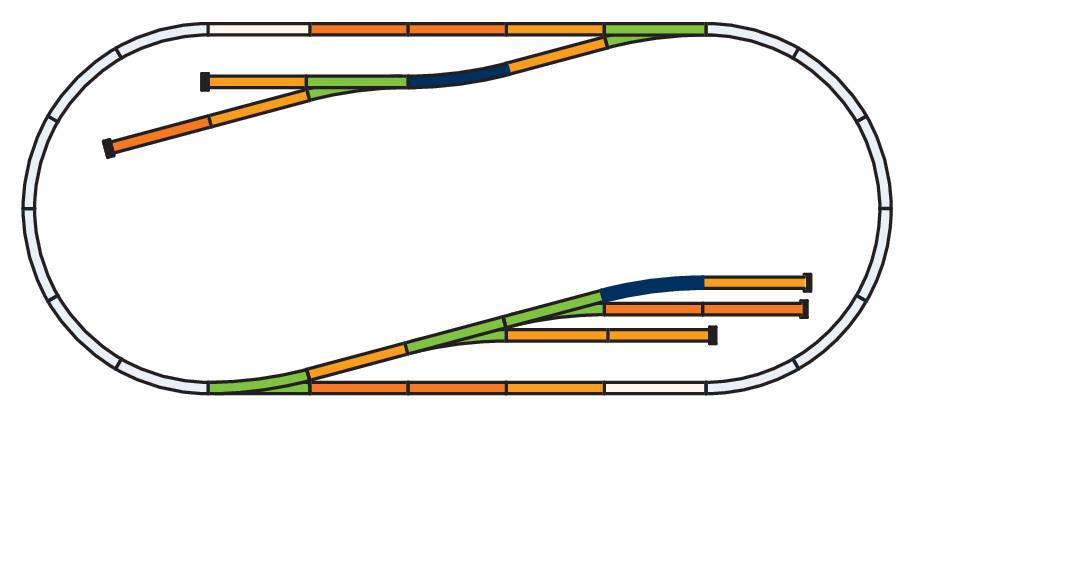Diagram modelové železniční tratě v oválném tvaru s několika odbočkami. Trať je vedena ve dvou úrovních.