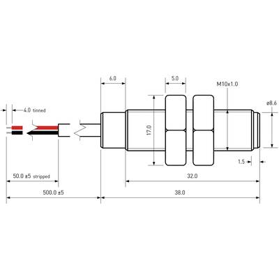 Technický výkres válcového konektoru se závitem M10x1,0. Celková délka je 50 mm. Zobrazení specifických rozměrů a detailů zapojení.