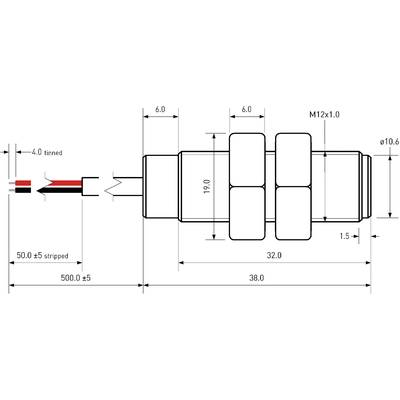Technický výkres konektoru se závitem M12x1,0. Rozměry: celková délka 38,0 mm, kabel 500,0 ±5 mm, částečně odizolovaný.