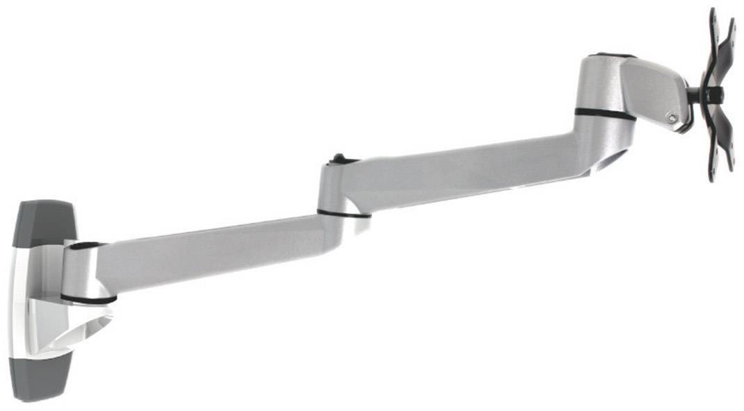 Stříbrný, nastavitelný monitor arm s nástěnným držákem, vhodný pro ergonomické uspořádání obrazovek na pracovním stole.