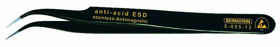 Černé ESD pinzety z antimmagnetické nerezové oceli, zahnuté, s označením "anti-acid ESD", označené logem jantaru.