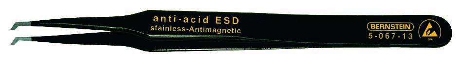 Antistatická ESD pinzeta z nerezové oceli, antimagnetická, černě zabarvená, značka Bernstein, modelové číslo 5-057-13, boční pohled.
