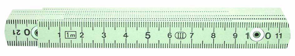 Zelený skládací metr s metrickými značkami od 0 do 10 cm leží složený.