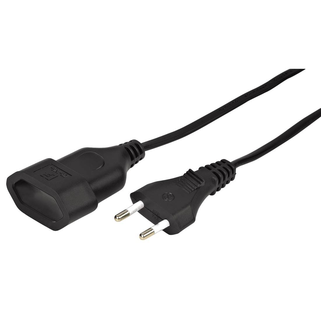 Černý napájecí kabel se Schuko zástrčkou a studenovým konektorem, který se běžně používá k propojení elektrických zařízení.