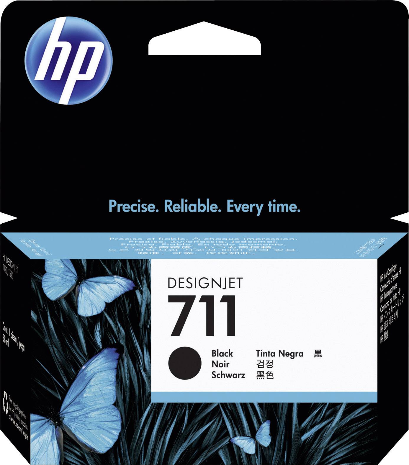 Inkoustová kazeta HP DesignJet 711 v černé barvě v originálním balení, zdobená modrými motýly na tmavém pozadí.