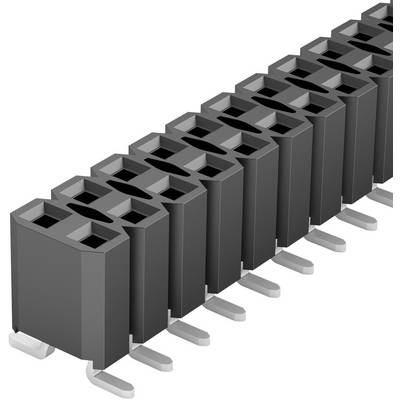 Řada černých elektrických konektorů s více kolíky, které jsou uspořádány vertikálně a stojí na ploché podložce.