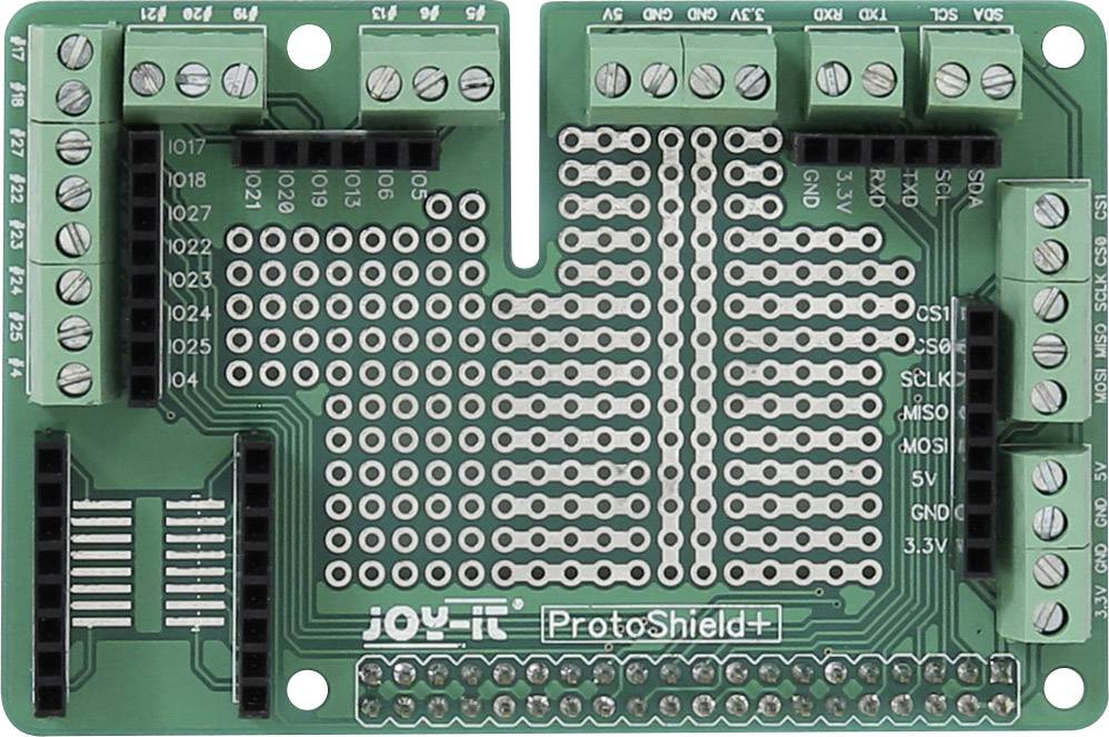 Na obrázku je elektronická prototypová deska od společnosti JOY-IT nazvaná 'ProtoShield+'. Disponuje četnými připojovacími kontakty.