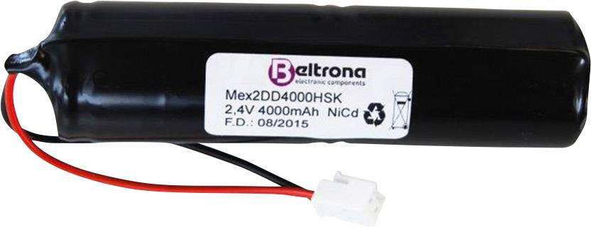 Akumulátorový pack 'Beltrona' NiCd, 2,4V 4000mAh, s připojovacím kabelem a konektorem, model Mex2DD4000HSK, vyroben v srpnu 2015.