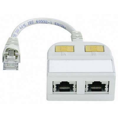 Šedý síťový rozbočovač se dvěma žlutými přepínači a dvěma ethernetovými porty, propojený konektorem RJ45 na konci kabelu.