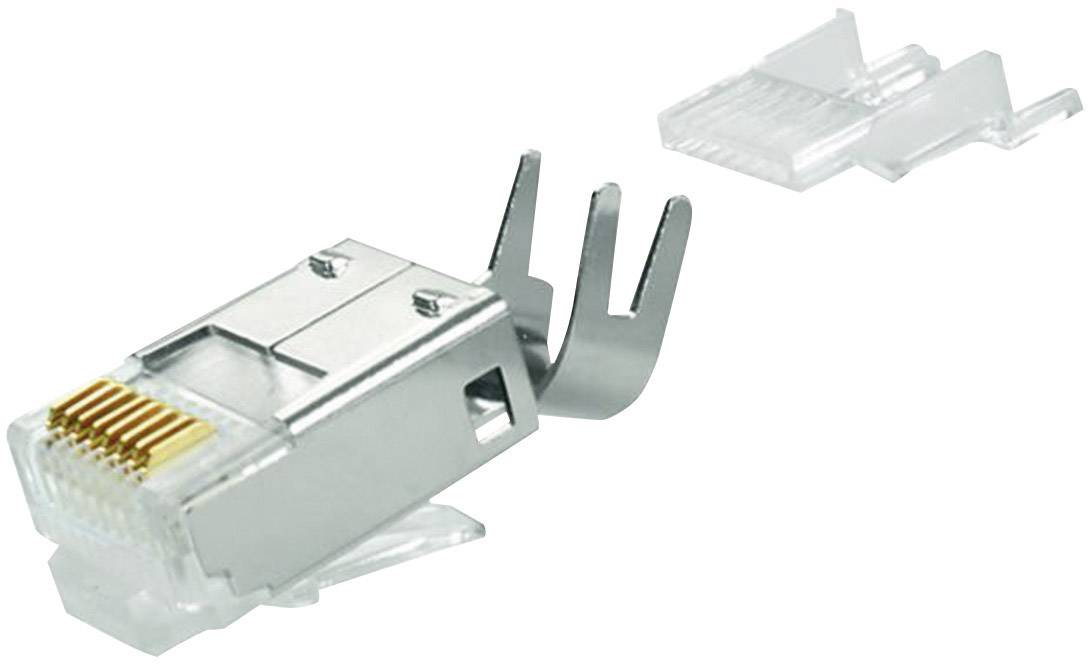 Kovový RJ45 konektor s plastovou příchytkou. Konektor má zlaté kontakty a slouží k ethernetovému propojení.