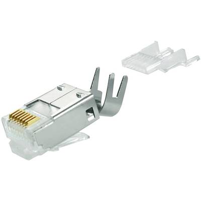 Kovový RJ45 konektor s plastovou příchytkou. Konektor má zlaté kontakty a slouží k ethernetovému propojení.